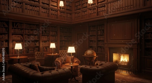 Elegant Vintage Library Room with Leather Armchairs Warm Fireplace and Wooden Shelves