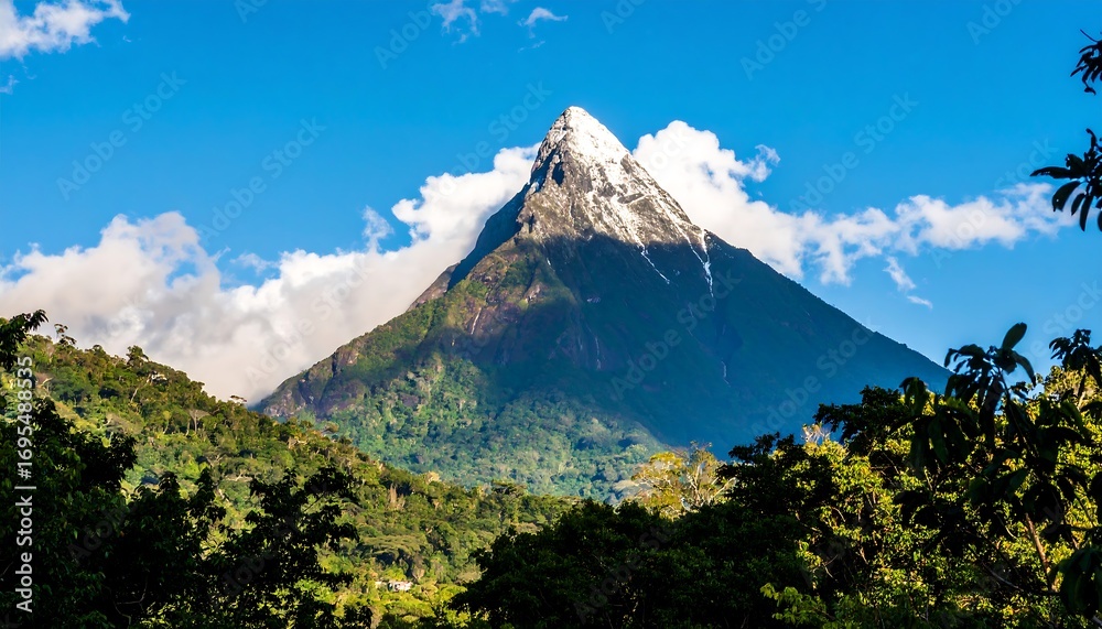 Fototapeta premium Spectacular view of snow-capped peak, surrounded by lush vegetation