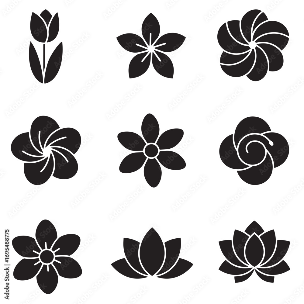 Fototapeta premium Vector black flowers icon set. Flowers Icon Object, Flowers Icon Picture, Flowers Icon Image - stock vector