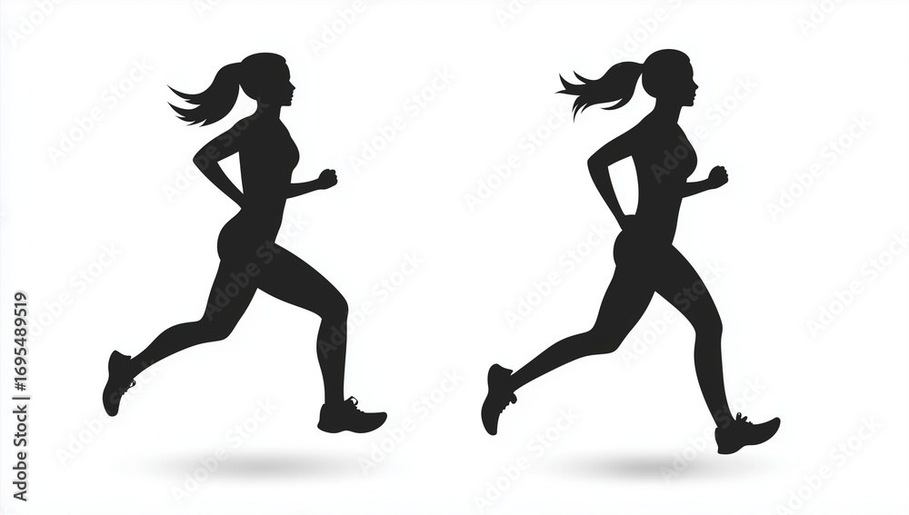 Obraz premium Black silhouette vector illustration of a woman running in two different full body poses, isolated on white background, simple minimal style design, fitness and sport concept