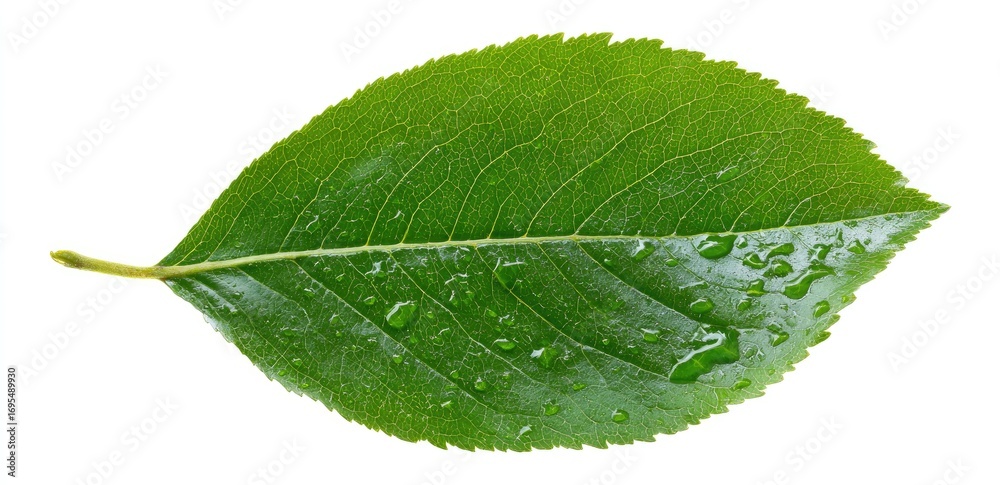 Obraz premium Single vibrant green leaf with water droplets (1)