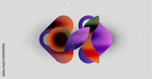 Abstract shapes overlap, creating vibrant color blends. Orange, purple hues dominate neutral background. Soft glow enhances visual depth.
