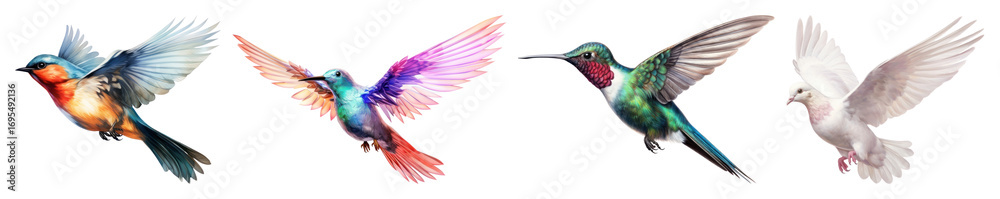 Obraz premium PNG Colorful birds in flight, element set on transparent background