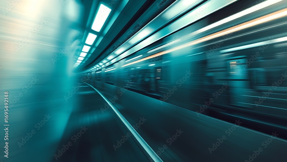 Fototapeta premium An abstract urban transit scene with dynamic motion blur and cool metallic tones.