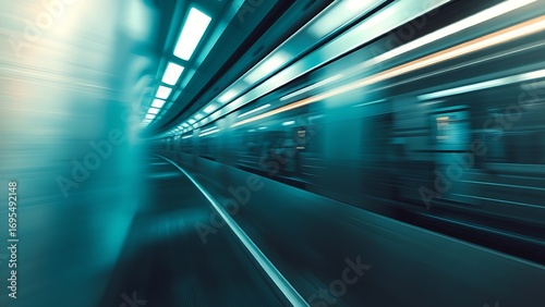 An abstract urban transit scene with dynamic motion blur and cool metallic tones.