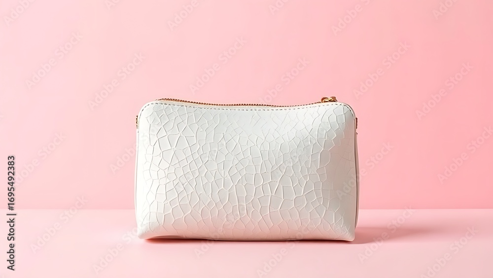 Fototapeta premium Elegant cosmetic bag on soft pink background, highlighting texture and design.