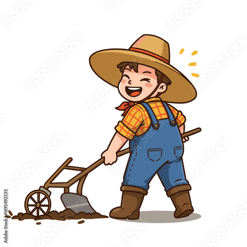 Cartoon farmer smiling while plowing soil with a wheeled blade, wearing a straw hat, red neckerchief, plaid shirt, blue overalls, and brown boots on a white background.