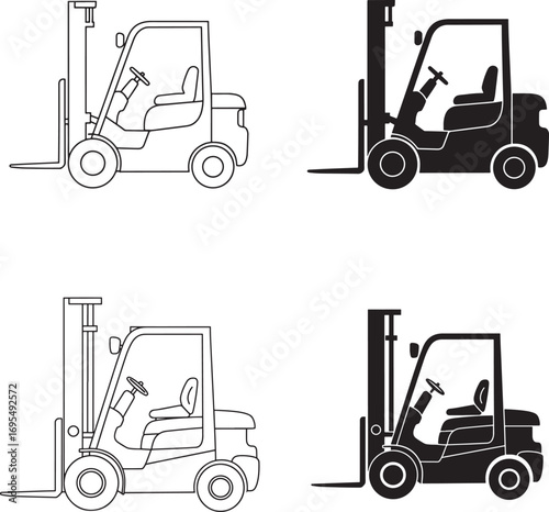 Forklift truck vector icons in  Line Art and Silhouette style