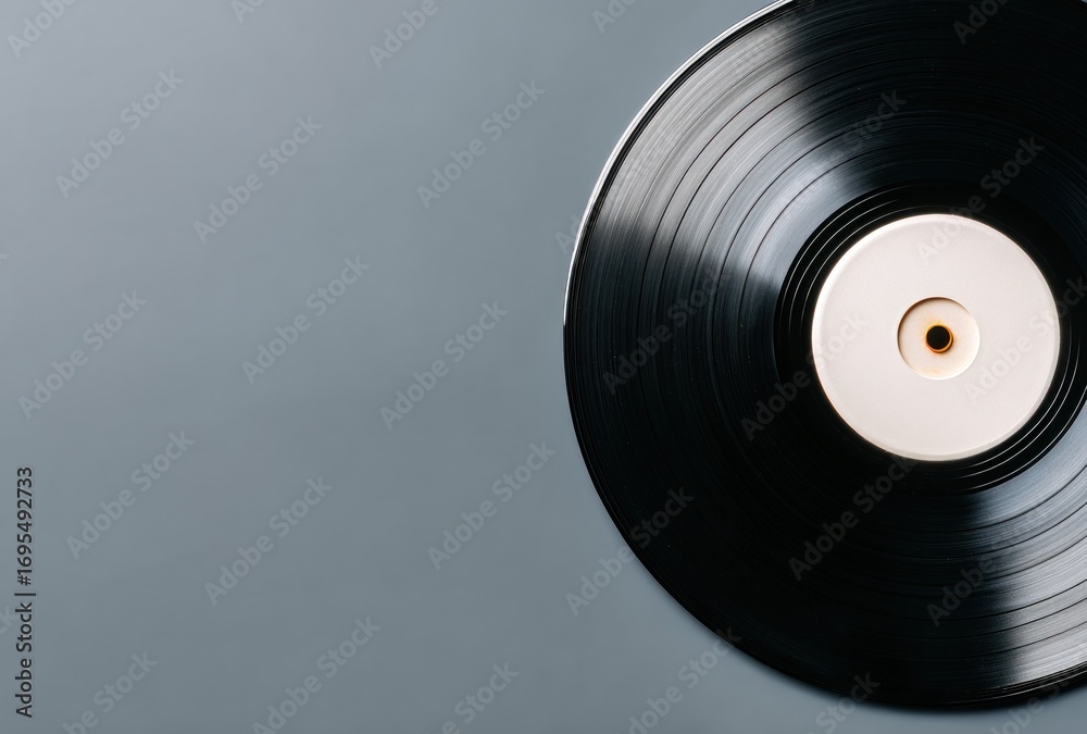 Obraz premium Vinyl record close-up with blank label. Black grooves contrast with the grey background. Top right composition