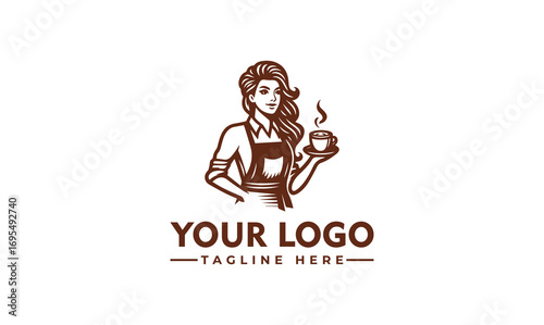 A vintage-style logo featuring a woman holding a steaming cup of coffee, ready to serve.