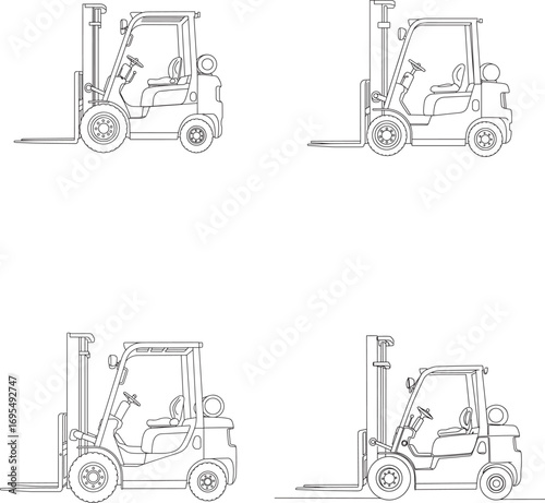 Four Forklift Trucks in a Grid Pattern with Line Art Style Illustration