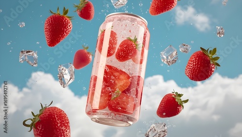 Refreshing Strawberry Drink with Ice Cubes Floating in a Sky Scene