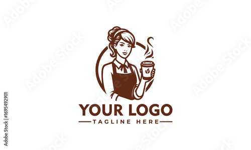 Elegant logo design featuring a barista holding a steaming coffee cup.