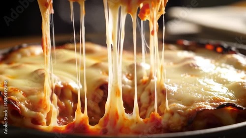 A mouthwatering close-up of a cheesy lasagna pull, showcasing gooey, stretchy melted mozzarella strings and a rich tomato sauce