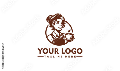 A vintage-style logo featuring a smiling woman holding a cup of coffee, ready to serve.