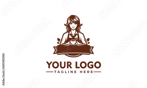 Vintage logo design featuring a woman barista holding a coffee cup,  with a decorative banner and place for text.