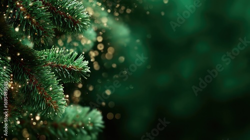 Green Tree Branches with Golden Lights and Falling Snow, Festive Christmas Tree Scene with Blurred Background