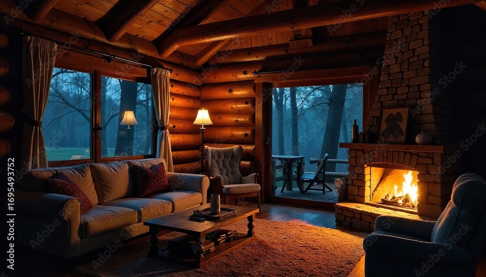 Fototapeta premium Cozy Cabin Interior at Night Warm Lamplight, Fireplace Glow, Rustic Decor, Inviting Atmosphere Perfect for Travel, Vacation, or Home Decor Websites