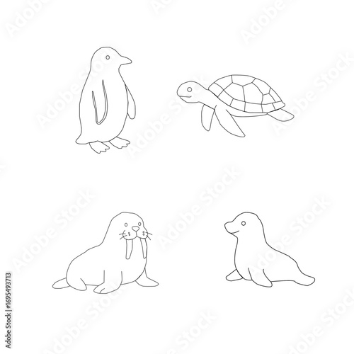 seamless pattern with sea animals. Seamless sea animals pattern. Cute ocean doodle set. Hand drawn marine creatures. Cartoon sea life vector. Aquatic animals illustration. Kawaii underwater bundle.
