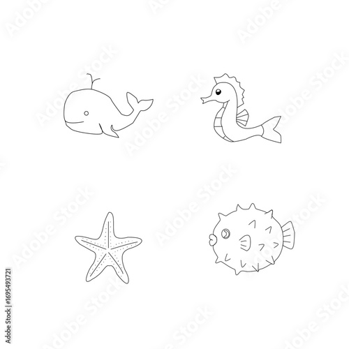 seamless pattern with sea animals. Seamless sea animals pattern. Cute ocean doodle set. Hand drawn marine creatures. Cartoon sea life vector. Aquatic animals illustration. Kawaii underwater bundle.
