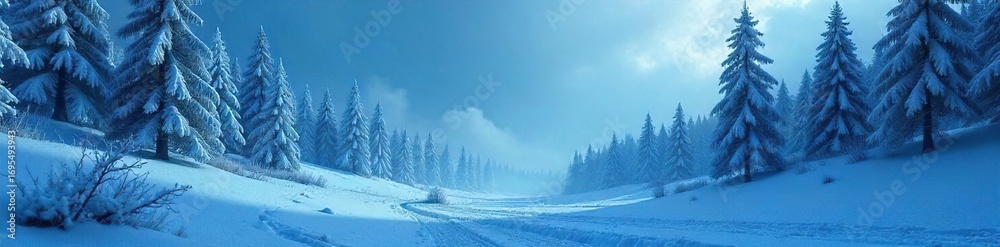 Fototapeta premium Frozen landscape, ethereal blue light illuminates frost-covered trees and a silent, snow-laden valley An ancient, mystical chill pervades the scene, hinting at hidden magic , frost, ethereal