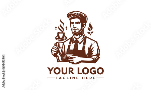 Smiling barista proudly presents coffee and pastries, logo design.
