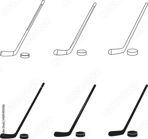 Hockey Stick and Puck Illustrations Set in  Line Art and Silhouette