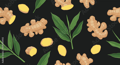 Delicious ginger root and leaves on dark background, offering natural wellness and culinary appeal