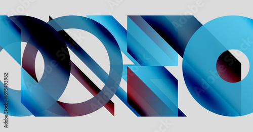 Abstract composition featuring overlapping translucent circles, rectangles. Blue, purple hues dominate neutral background. Modern design elements present.