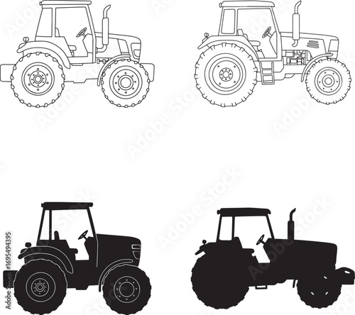 Four Tractor Illustrations in  Line Art and Silhouette