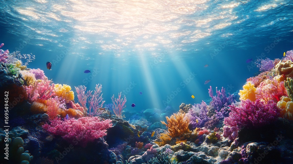 Naklejka premium Vibrant Coral Reef: Sunlit Underwater Paradise