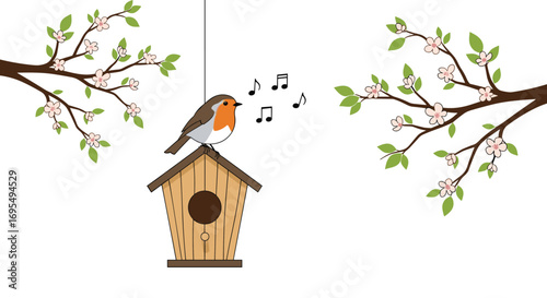 Sweet robin sings from its birdhouse among spring blossoms, bringing joy and springtime cheer