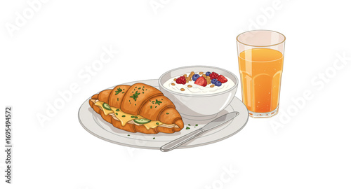 A glass of juice, bread and porridge