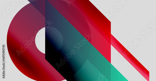 Abstract geometric composition. Overlapping shapes create dynamic visual effect. Red, teal, purple hues dominate neutral background.