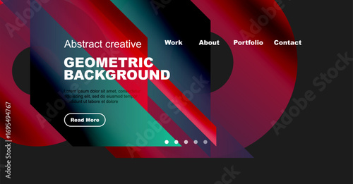 Modern website header design. Vibrant colors, geometric shapes, text overlay, navigation menu present. Clean aesthetic.