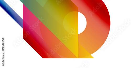 Abstract colorful shapes overlap, creating dynamic composition. Gradient hues blend, forming modern visual experience. Brightness contrasts with white background.
