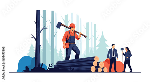 Lumberjack with axe standing on logs while business people meet outdoors for sustainable project