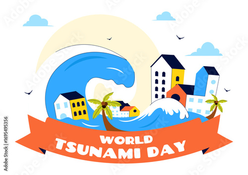 World Tsunami Awareness Day Vector Illustration on November 5, featuring Waves Crashing into Houses, Trees, and Buildings in a Flat Style Background