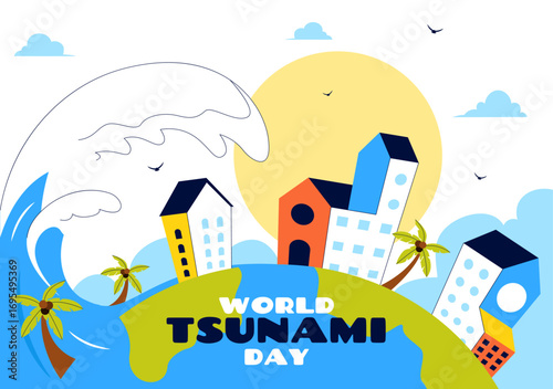 World Tsunami Awareness Day Vector Illustration on November 5, featuring Waves Crashing into Houses, Trees, and Buildings in a Flat Style Background