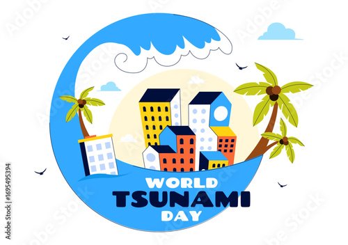 World Tsunami Awareness Day Vector Illustration on November 5, featuring Waves Crashing into Houses, Trees, and Buildings in a Flat Style Background