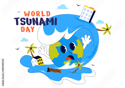 World Tsunami Awareness Day Vector Illustration on November 5, featuring Waves Crashing into Houses, Trees, and Buildings in a Flat Style Background
