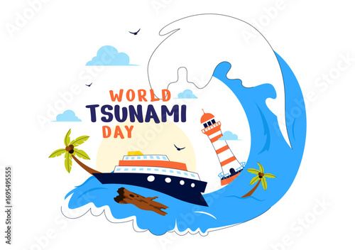 World Tsunami Awareness Day Vector Illustration on November 5, featuring Waves Crashing into Houses, Trees, and Buildings in a Flat Style Background