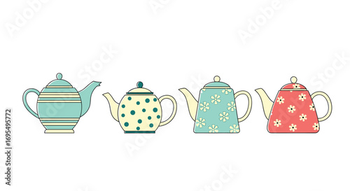 Quirky teapots illustrations in a row bring an inviting charm to your kitchen or tea party designs