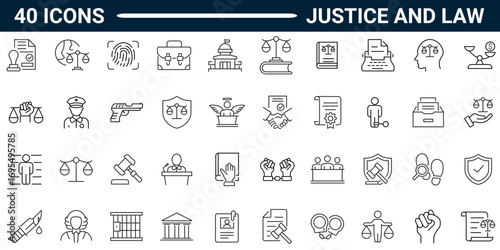  A collection of Law, Justice icons with editable stroke styles. Icons for web and mobile applications. Complete vector illustrations. A series of pictograms.