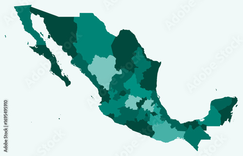 Map of Mexico with regions. Just a simple country border map with region division. Teal color palette. Plain United Mexican States shape with administrative division. Vector illustration.