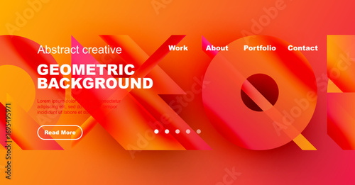 Abstract geometric background design. Orange, red gradients dominate. Text overlays present work, about, portfolio, contact options. Button visible.