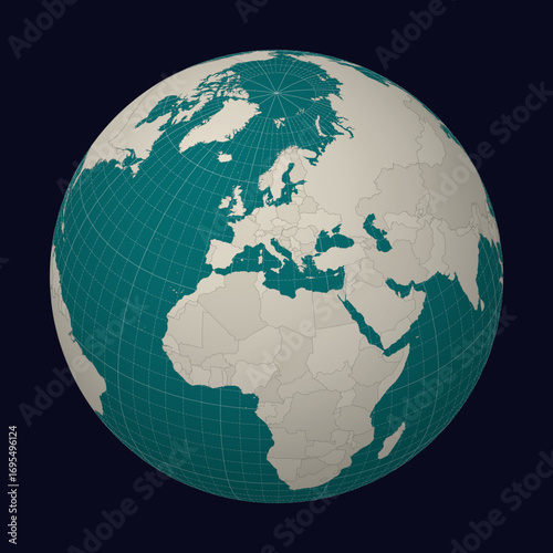 Malta on the map. Globe centered to Malta. Country location on the world map. Teal Pale Mint color palette. Globe with countries, meridians and parallels. Captivating vector illustration.