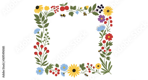 Delightful spring flowers and bees frame for invitations or announcements adds a touch of nature's charm