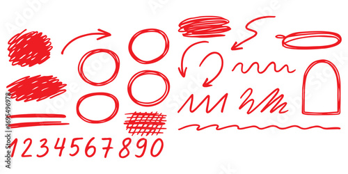 Charcoal scribble stripes, emphasis arrows, handdrawn numbers. Chalk crayon or marker doodle rouge handdrawn scratches. Vector illustration of lines, waves, squiggles in marker sketch style.