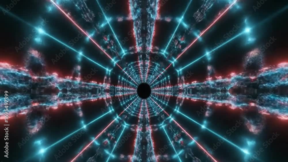 Glowing kaleidoscopic pattern of red and cyan laser beams forming an infinite corridor in deep space. A sci-fi visual representation of a wormhole or hyperspace travel